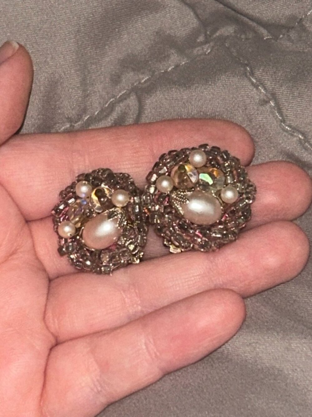 Vintage AB Beaded Pink Faux Pearl Clip On Earrings